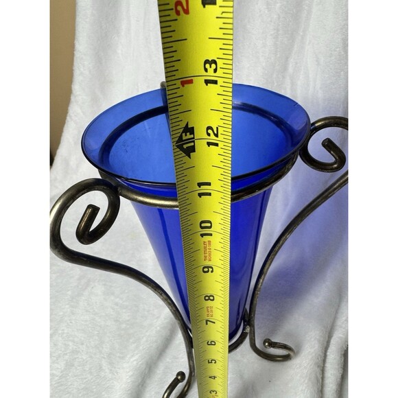 Vintage 12" Cobalt Blue Glass Vase with Metal Stand – Small Flaws - Picture 6 of 9